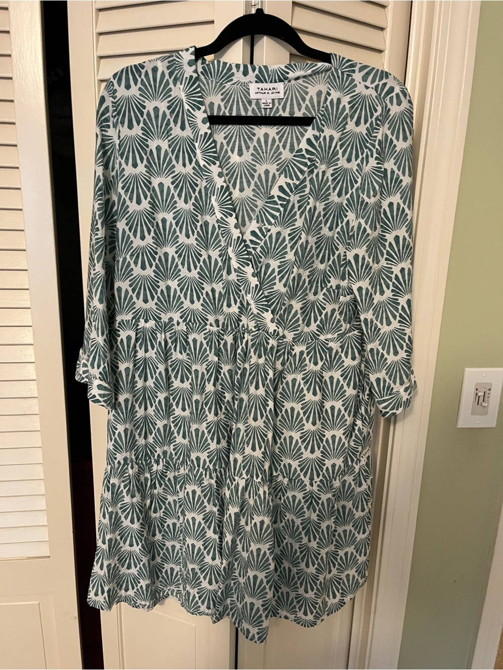 Tahari Teal and White Printed V-Neck Tunic Dress
